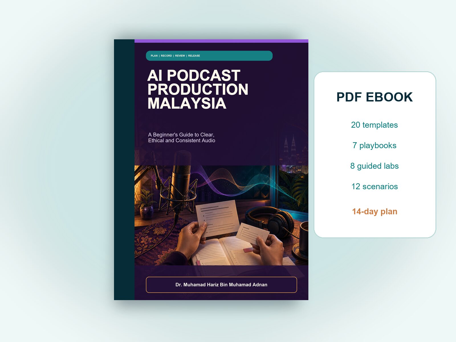 AI Podcast Production Malaysia digital ebook mockup featuring 20 templates, seven playbooks, eight labs and a 14-day plan
