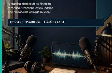 AI Podcast Production Malaysia ebook cover showing a Kuala Lumpur studio with two microphones, headphones, a field recorder and an audio waveform