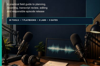 AI Podcast Production Malaysia ebook cover showing a Kuala Lumpur studio with two microphones, headphones, a field recorder and an audio waveform