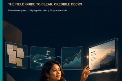 AI Presentation Malaysia commercial field guide cover showing a Malaysian professional directing evidence, story and chart cards toward a projected presentation