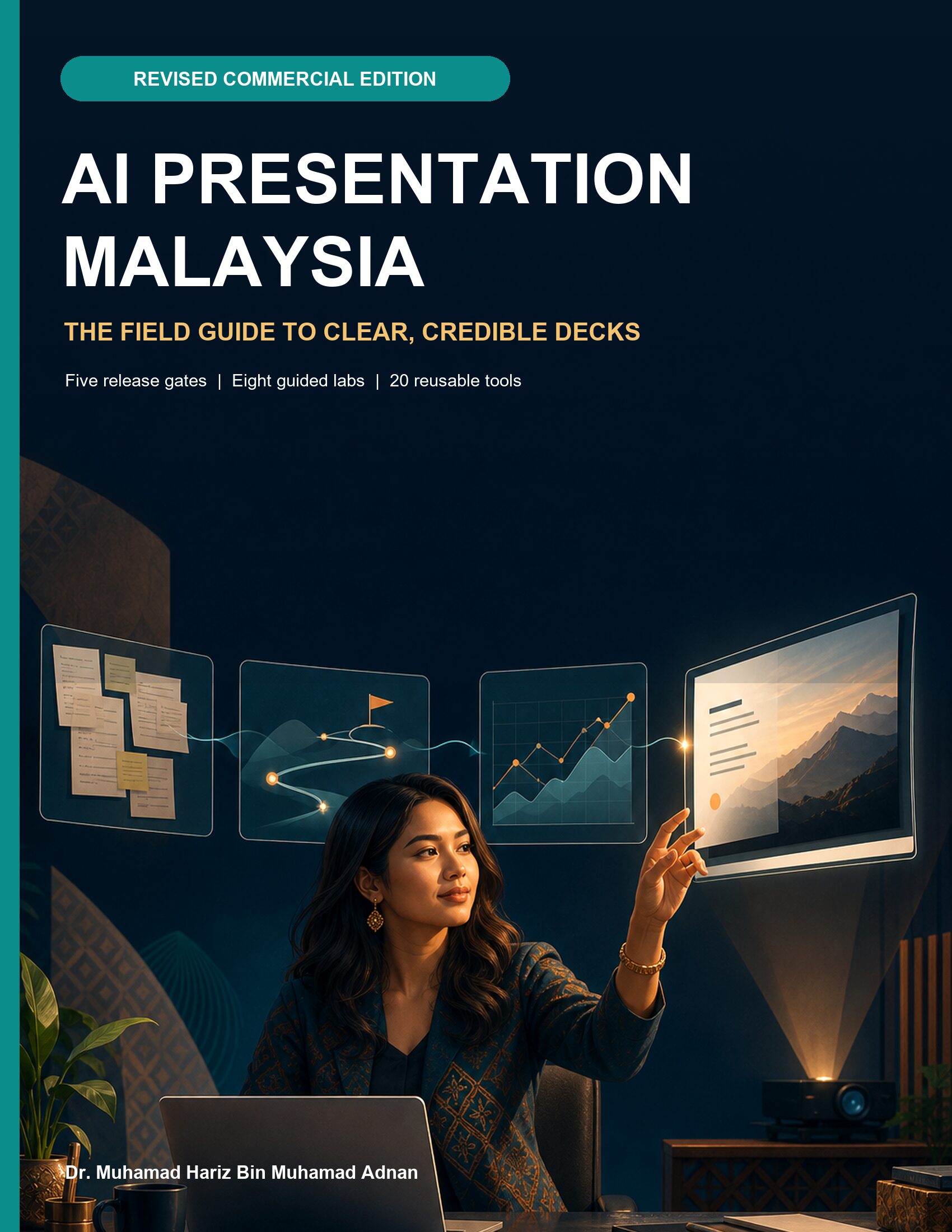 AI Presentation Malaysia commercial field guide cover showing a Malaysian professional directing evidence, story and chart cards toward a projected presentation