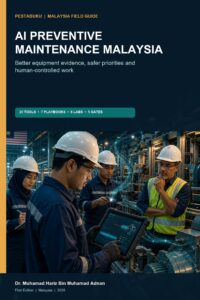 AI Preventive Maintenance Malaysia ebook cover showing a Malaysian maintenance team reviewing machinery condition evidence with human approval