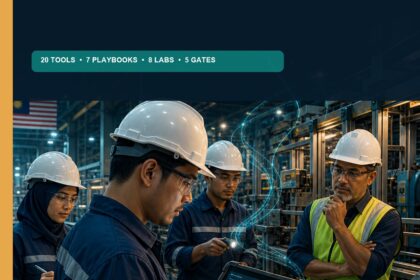 AI Preventive Maintenance Malaysia ebook cover showing a Malaysian maintenance team reviewing machinery condition evidence with human approval