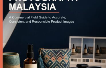 AI Product Photography Malaysia commercial ebook cover showing an amber bottle, patterned pouch, smartphone and controlled studio setup