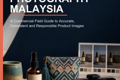 AI Product Photography Malaysia commercial ebook cover showing an amber bottle, patterned pouch, smartphone and controlled studio setup