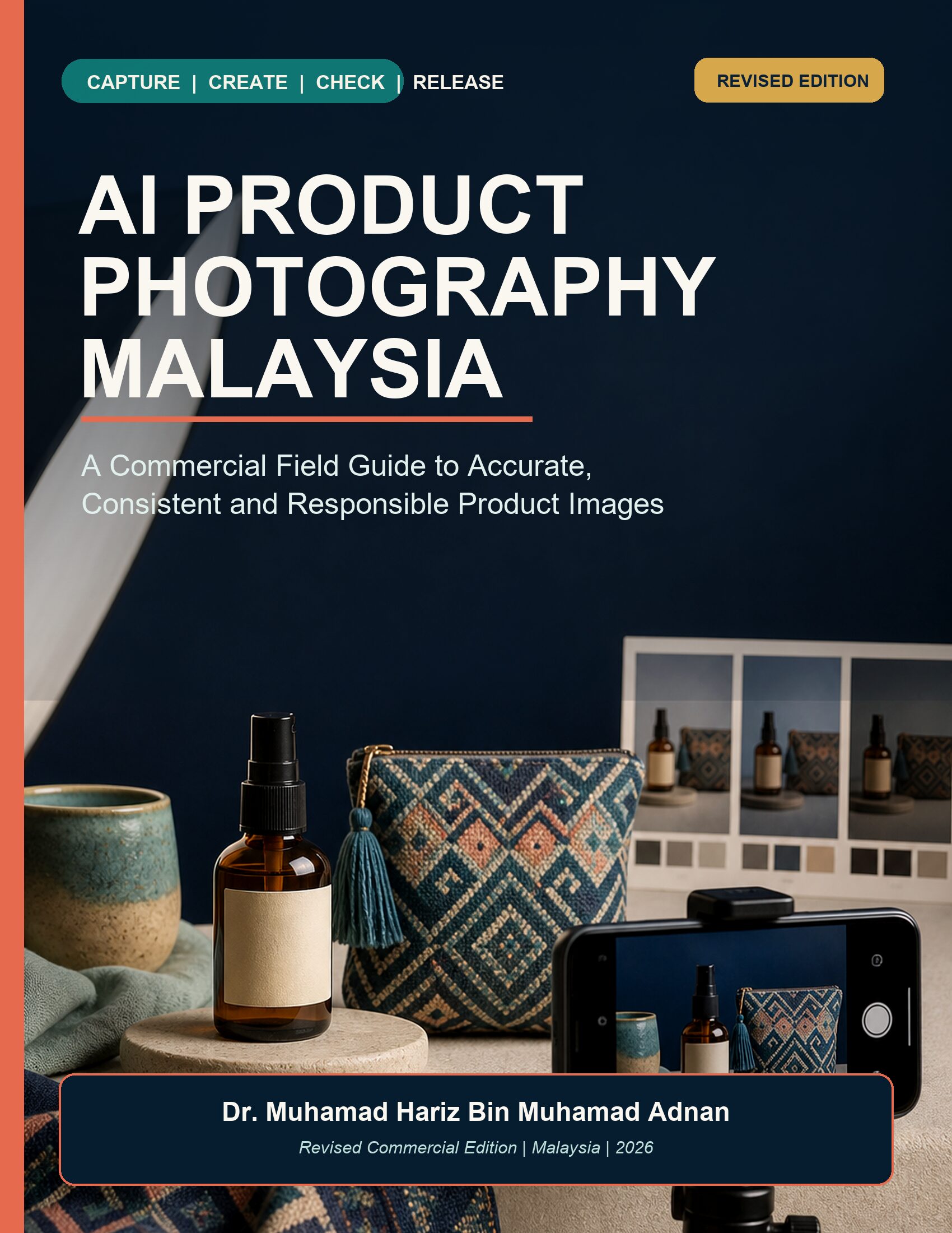 AI Product Photography Malaysia commercial ebook cover showing an amber bottle, patterned pouch, smartphone and controlled studio setup