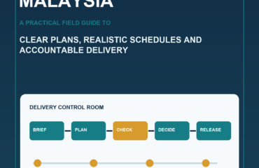 AI Project Management Malaysia commercial ebook cover showing a structured project board, milestone path, risk signal and accountable human review