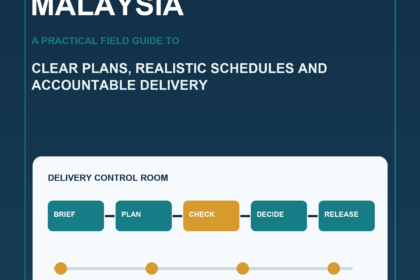 AI Project Management Malaysia commercial ebook cover showing a structured project board, milestone path, risk signal and accountable human review