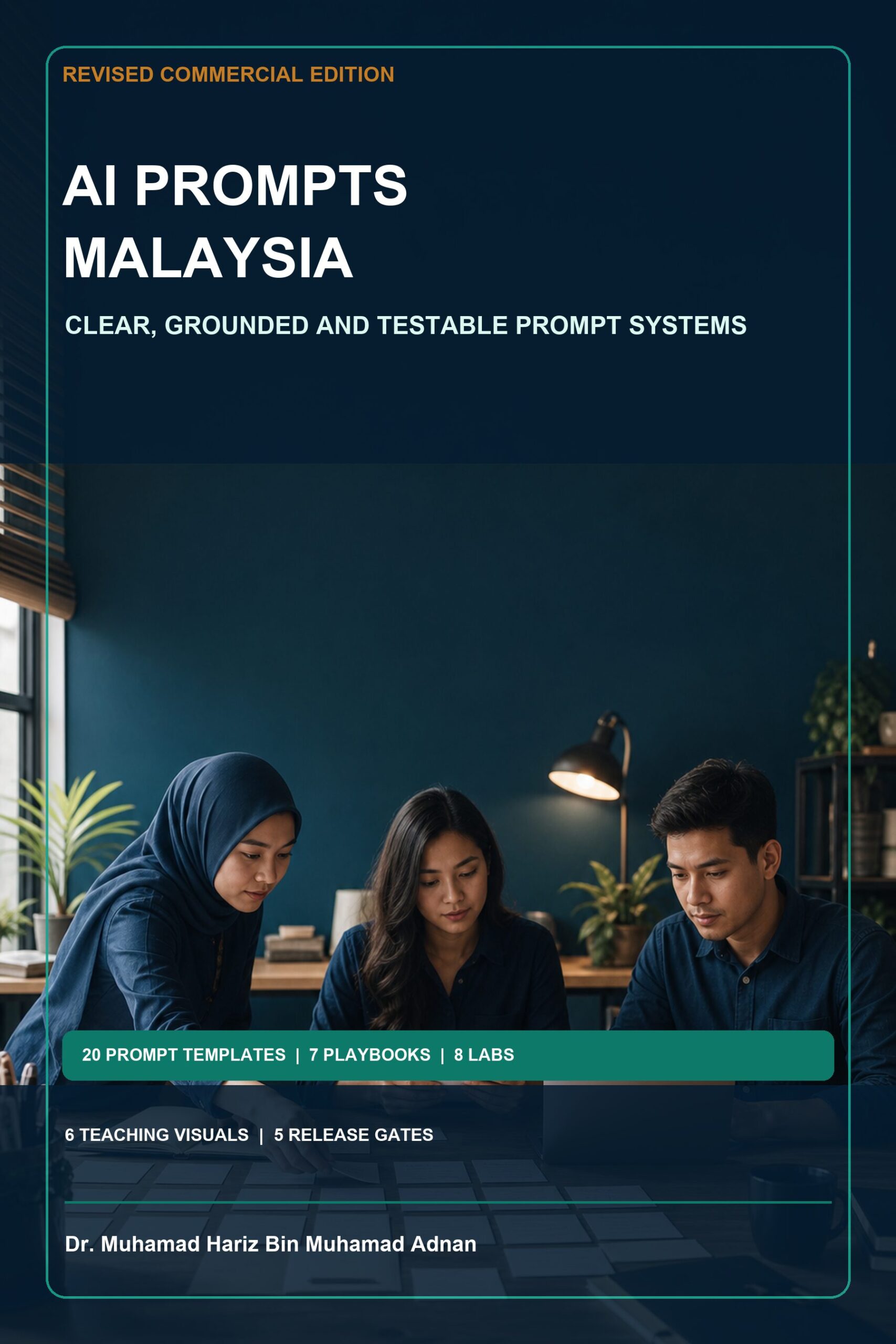 AI Prompts Malaysia commercial ebook cover showing a Malaysian team arranging instruction cards and reviewing a laptop workflow