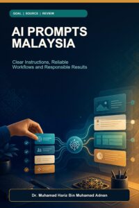 AI Prompts Malaysia ebook cover showing a human-led prompt workflow with reviewable instruction cards and Malaysian geometric motifs
