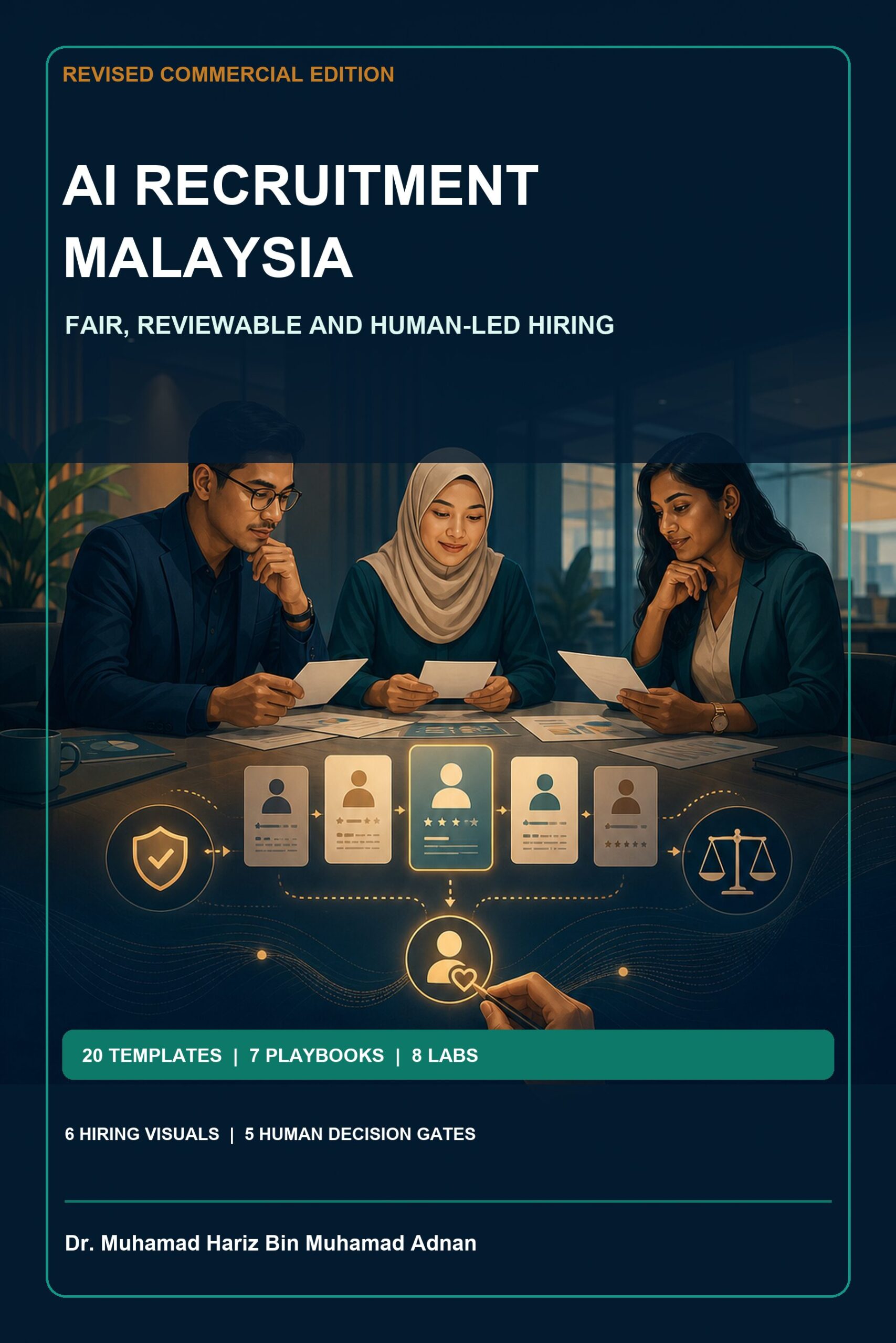 AI Recruitment Malaysia commercial ebook cover showing a diverse Malaysian hiring panel reviewing anonymised evidence, privacy, fairness and a human decision