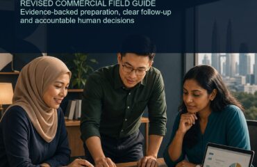 AI Sales Malaysia revised commercial cover AI Sales Malaysia commercial ebook cover showing three Malaysian sales professionals reviewing evidence cards and a conversation plan in Kuala Lumpur