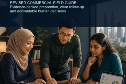 AI Sales Malaysia commercial ebook cover showing three Malaysian sales professionals reviewing evidence cards and a conversation plan in Kuala Lumpur