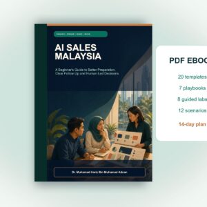 AI Sales Malaysia ebook displayed as a digital book mockup with 20 templates, seven playbooks, eight labs, twelve scenarios and a 14-day plan