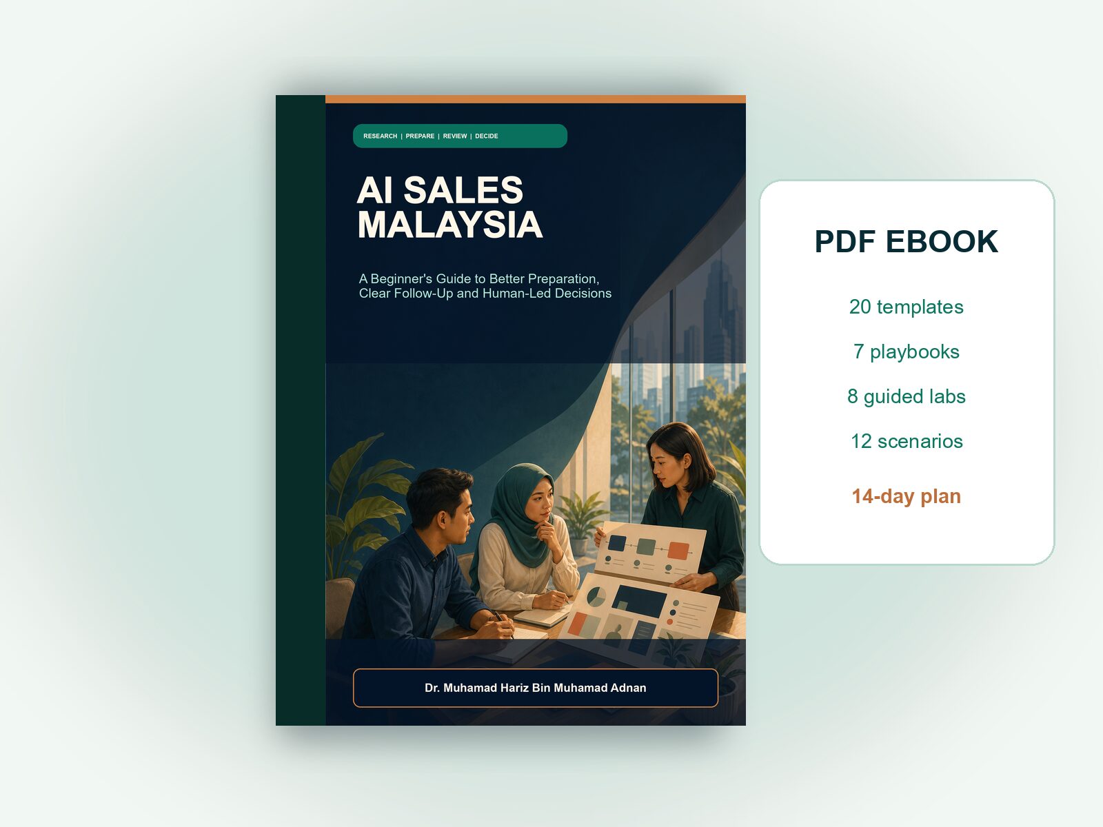 AI Sales Malaysia ebook displayed as a digital book mockup with 20 templates, seven playbooks, eight labs, twelve scenarios and a 14-day plan