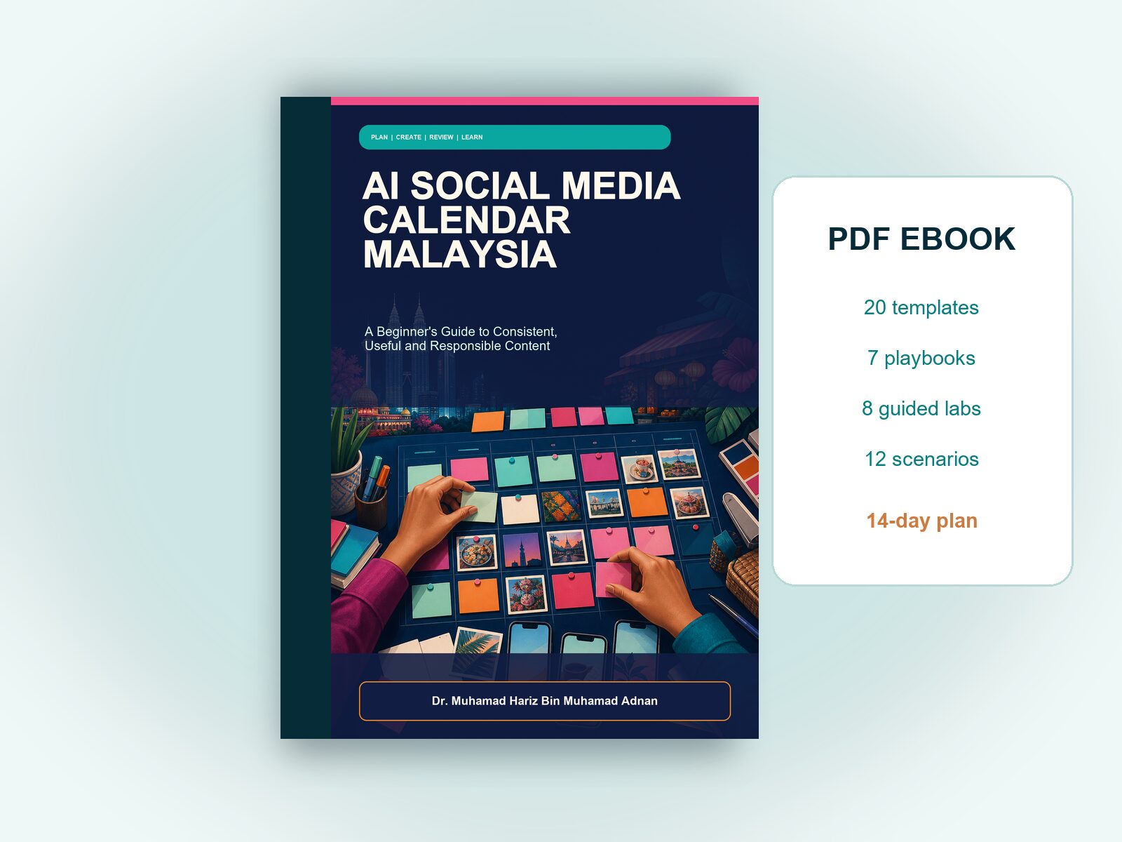 AI Social Media Calendar Malaysia digital ebook mockup featuring 20 templates, seven playbooks, eight labs and a 14-day plan