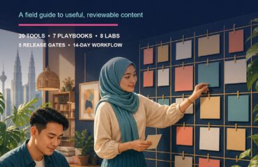 AI Social Media Calendar Malaysia revised commercial cover AI Social Media Calendar Malaysia ebook cover showing a Malaysian small-business team arranging a platform-neutral monthly content calendar