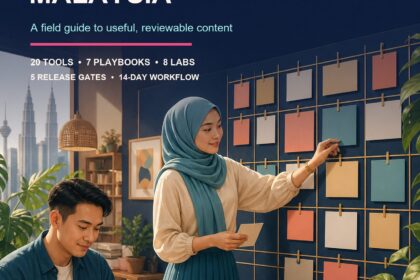 AI Social Media Calendar Malaysia ebook cover showing a Malaysian small-business team arranging a platform-neutral monthly content calendar