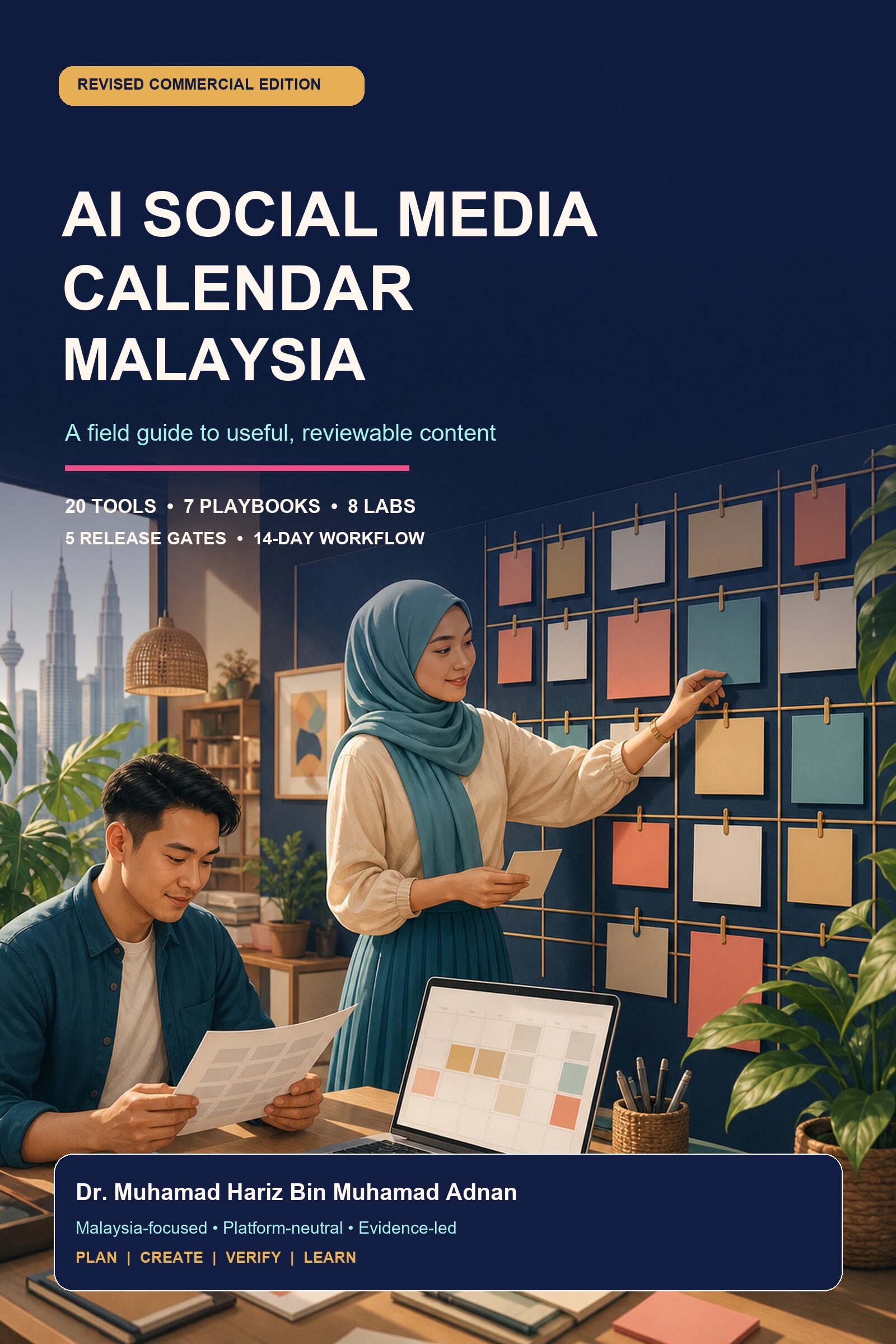 AI Social Media Calendar Malaysia ebook cover showing a Malaysian small-business team arranging a platform-neutral monthly content calendar