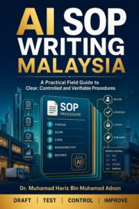 AI SOP Writing Malaysia ebook cover showing controlled procedure cards, test steps, approvals and version control