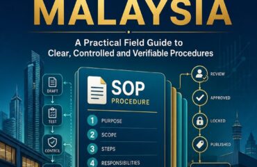 AI SOP Writing Malaysia ebook cover showing controlled procedure cards, test steps, approvals and version control