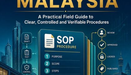AI SOP Writing Malaysia ebook cover showing controlled procedure cards, test steps, approvals and version control
