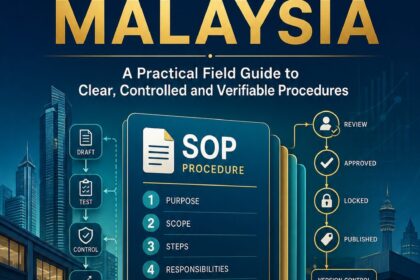 AI SOP Writing Malaysia ebook cover showing controlled procedure cards, test steps, approvals and version control