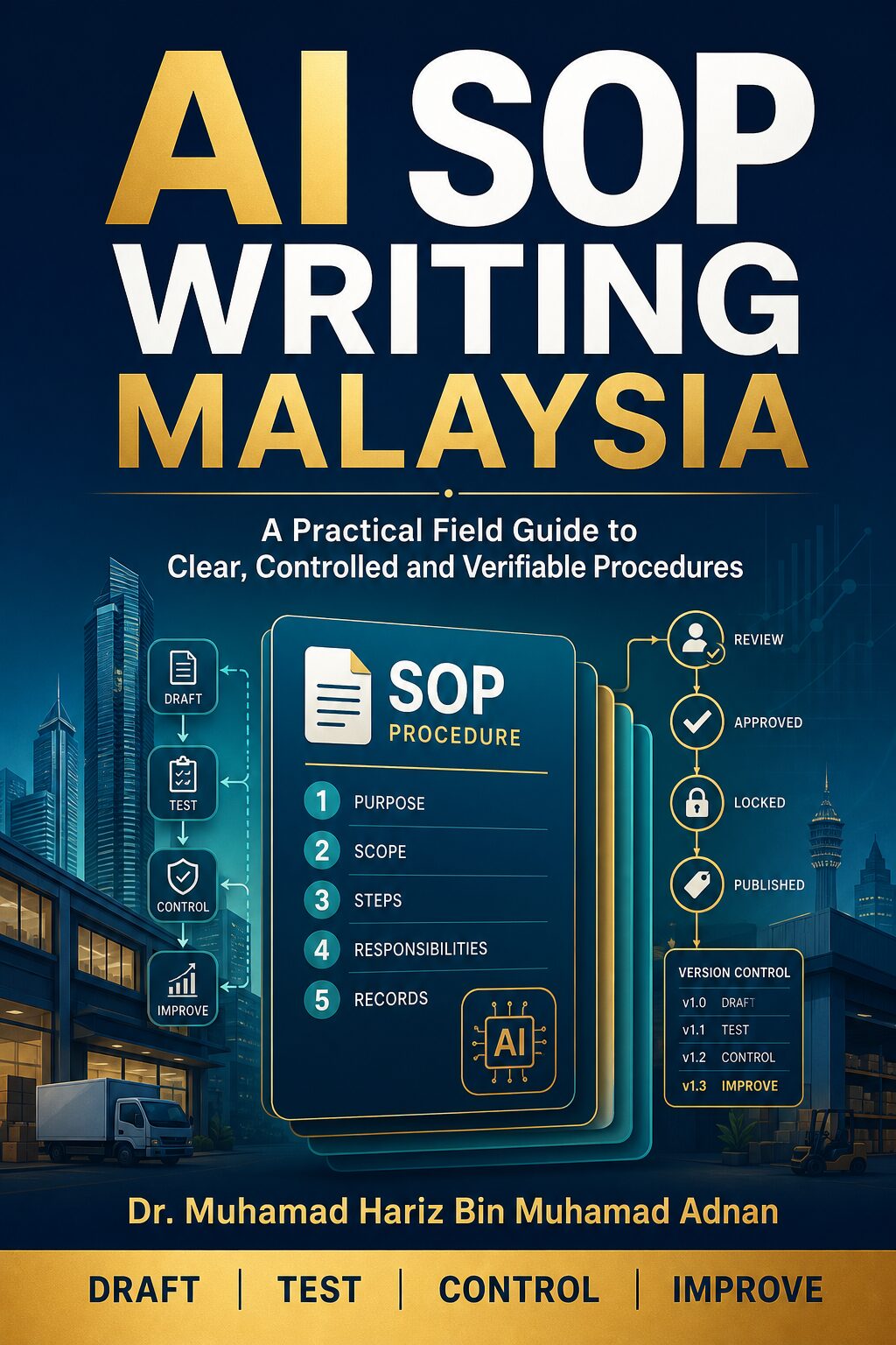 AI SOP Writing Malaysia ebook cover showing controlled procedure cards, test steps, approvals and version control