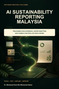 AI Sustainability Reporting Malaysia ebook cover showing environmental and operational evidence flowing through verification checkpoints into a human-reviewed report
