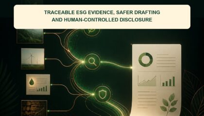 AI Sustainability Reporting Malaysia ebook cover showing environmental and operational evidence flowing through verification checkpoints into a human-reviewed report
