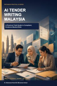 AI Tender Writing Malaysia ebook cover showing a Malaysian bid team checking requirements, evidence and release gates
