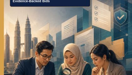 AI Tender Writing Malaysia ebook cover showing a Malaysian bid team checking requirements, evidence and release gates