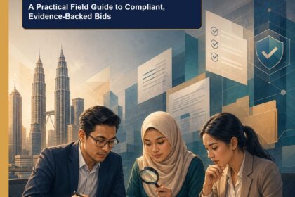 AI Tender Writing Malaysia ebook cover showing a Malaysian bid team checking requirements, evidence and release gates
