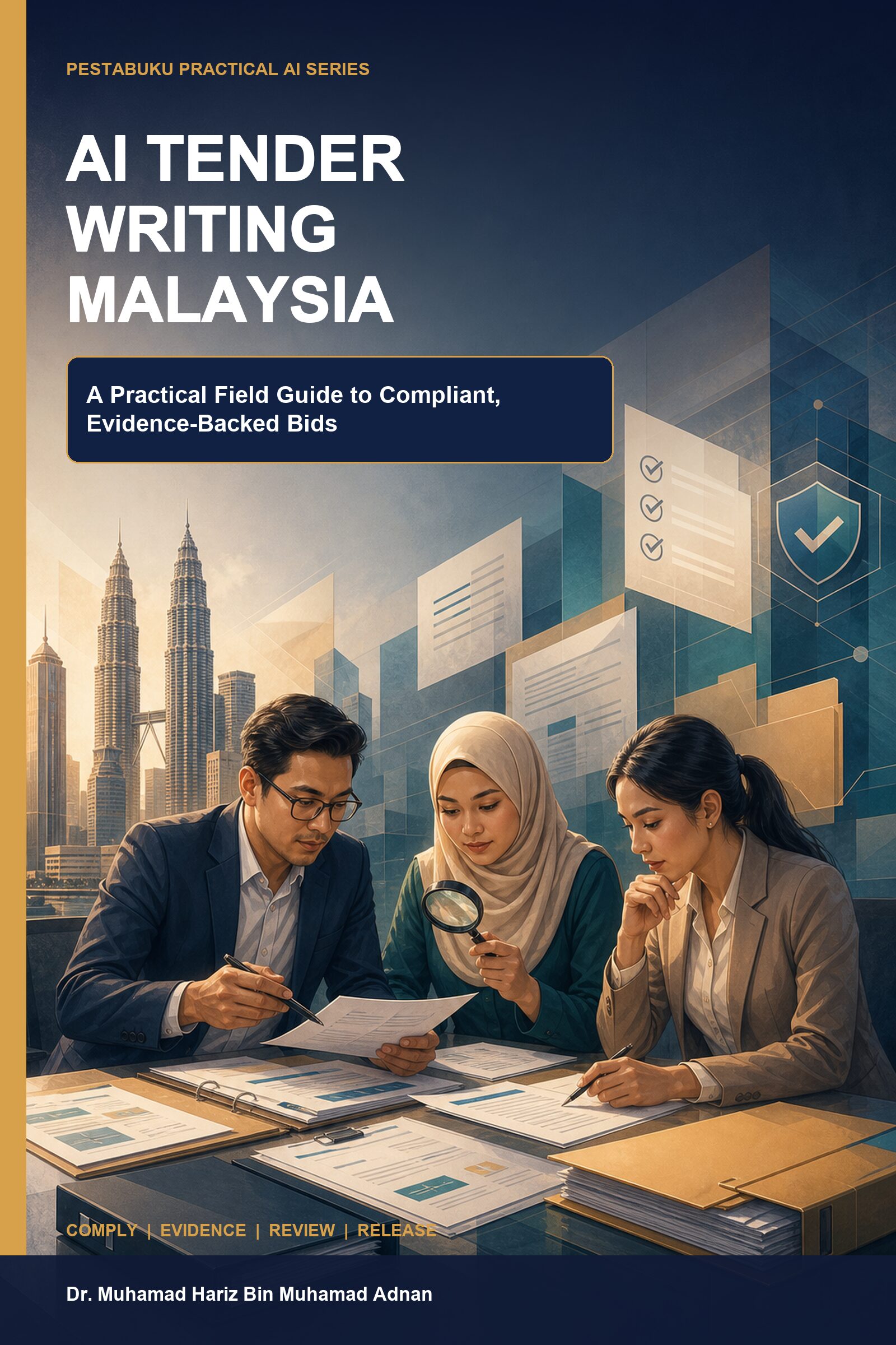 AI Tender Writing Malaysia ebook cover showing a Malaysian bid team checking requirements, evidence and release gates