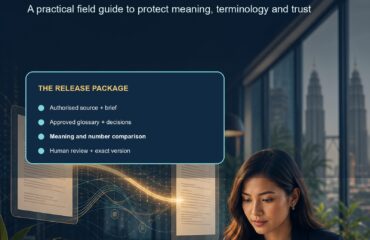 AI Translation Malaysia revised commercial cover AI Translation Malaysia commercial ebook cover showing a Malaysian translator reviewing English and Bahasa Malaysia content in Kuala Lumpur
