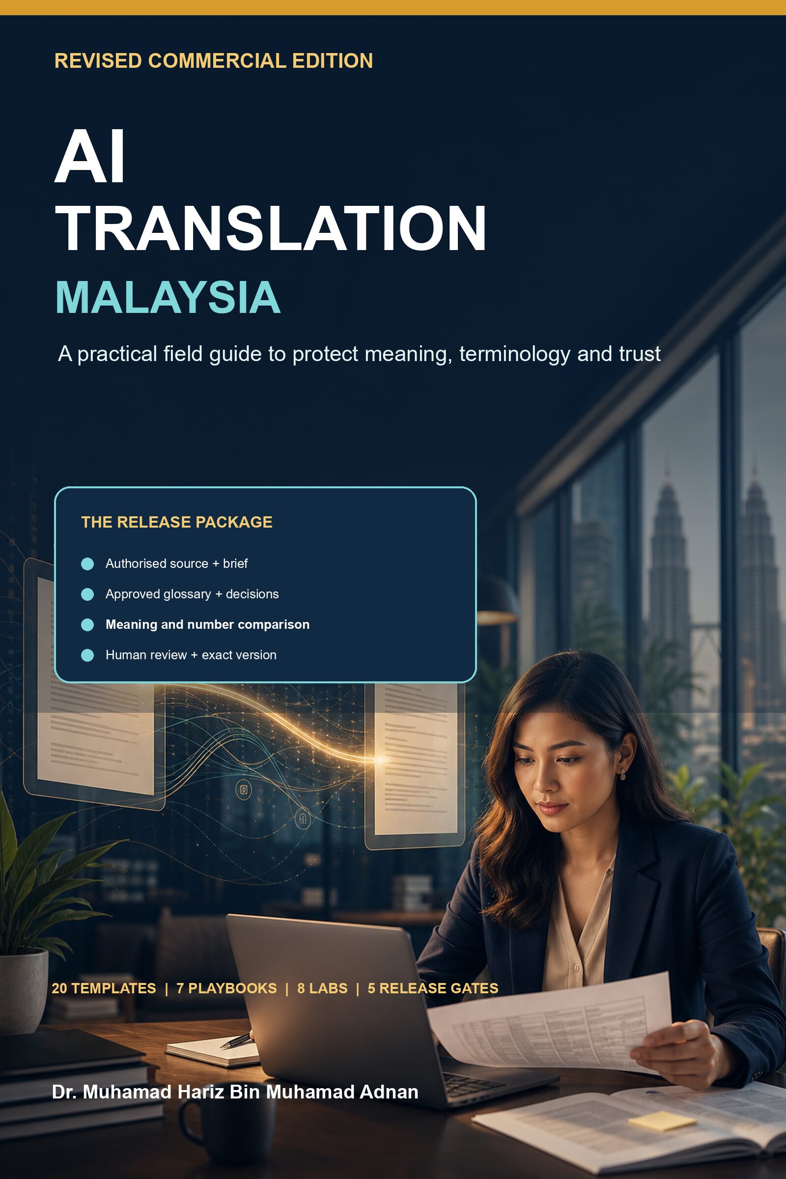 AI Translation Malaysia commercial ebook cover showing a Malaysian translator reviewing English and Bahasa Malaysia content in Kuala Lumpur