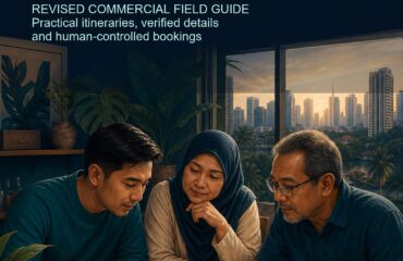 AI Travel Planner Malaysia revised commercial cover AI Travel Planner Malaysia revised commercial cover showing three Malaysian adults checking a route map, notebook and phone together in a practical home workspace