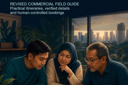 AI Travel Planner Malaysia revised commercial cover showing three Malaysian adults checking a route map, notebook and phone together in a practical home workspace