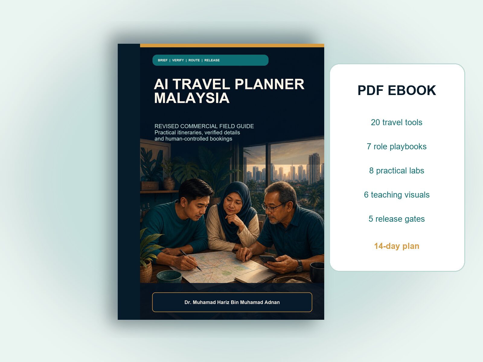 AI Travel Planner Malaysia ebook mockup with 20 travel tools, seven role playbooks, eight labs, six instructional visuals and five release gates
