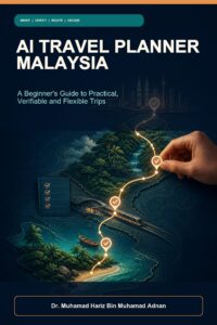 AI Travel Planner Malaysia ebook cover showing a verified route through city, rainforest, rail and island scenes with a human adjusting a waypoint