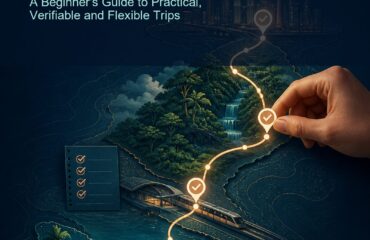 AI Travel Planner Malaysia ebook cover showing a verified route through city, rainforest, rail and island scenes with a human adjusting a waypoint
