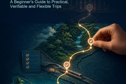 AI Travel Planner Malaysia ebook cover with a magnifying glass over a Malaysian evidence network, audience cards and research charts