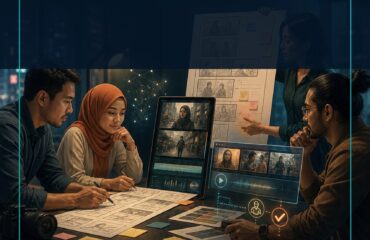 AI Video Generator Malaysia commercial ebook cover showing a Malaysian production team reviewing storyboards, generated clips, captions and a human release checkpoint