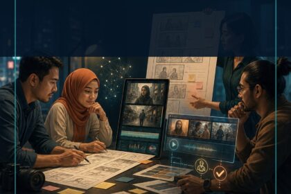 AI Video Generator Malaysia commercial ebook cover showing a Malaysian production team reviewing storyboards, generated clips, captions and a human release checkpoint