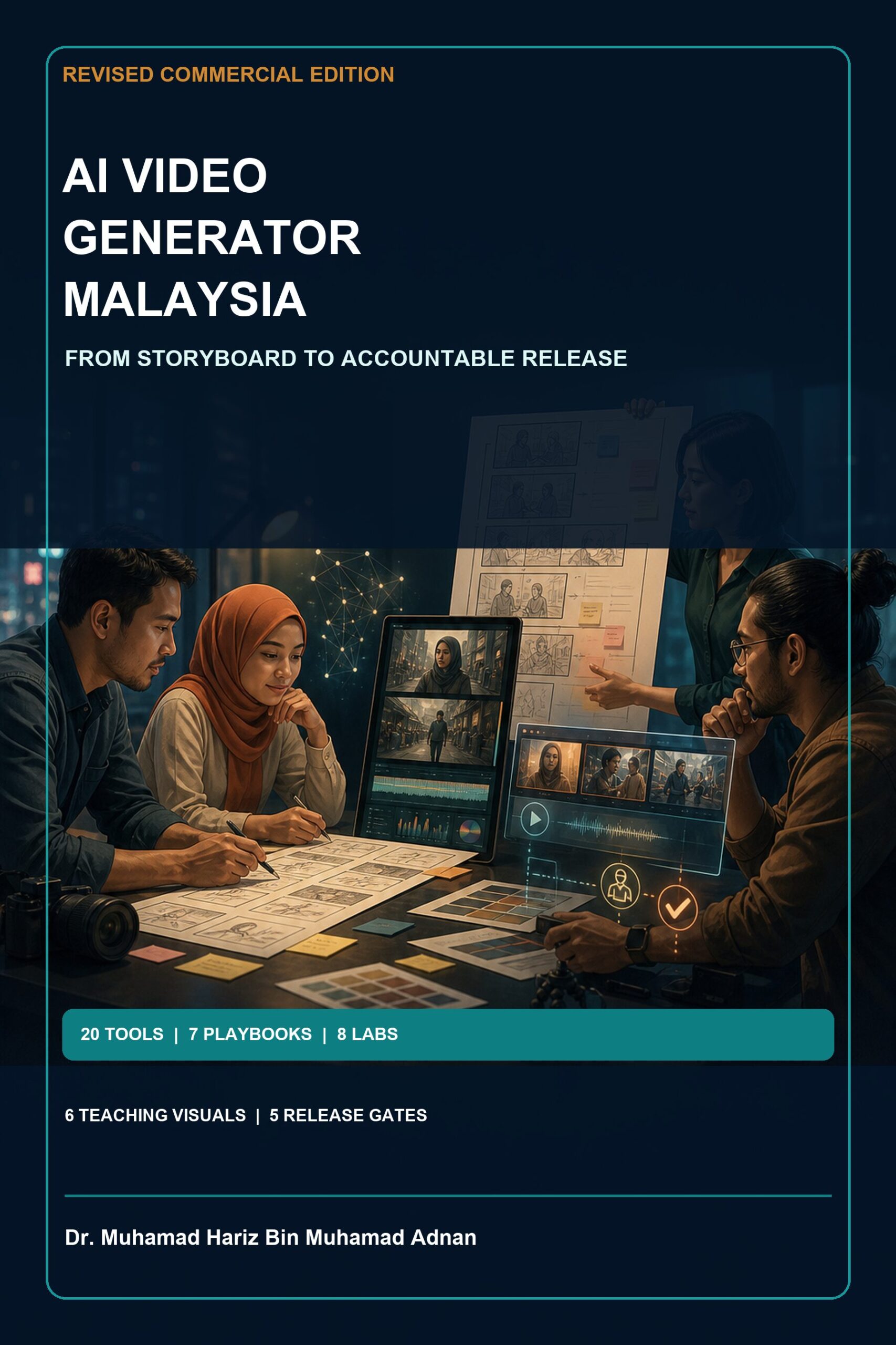 AI Video Generator Malaysia commercial ebook cover showing a Malaysian production team reviewing storyboards, generated clips, captions and a human release checkpoint