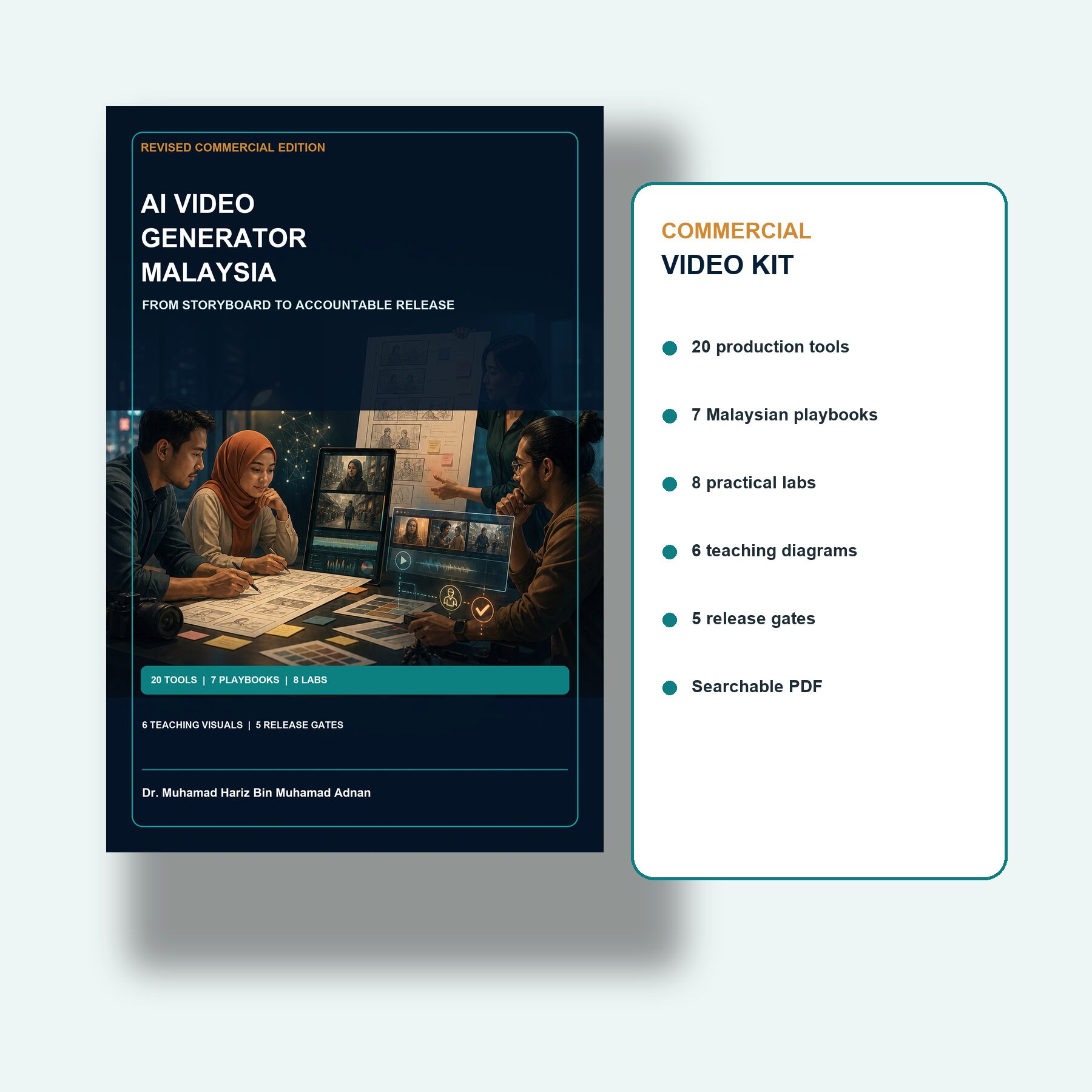 AI Video Generator Malaysia ebook mockup with 20 templates, seven playbooks, eight labs, six teaching visuals and five release gates