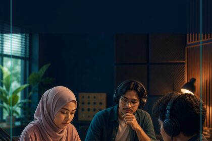 AI Voiceover Malaysia commercial ebook cover showing a Malaysian audio production team reviewing narration in a studio