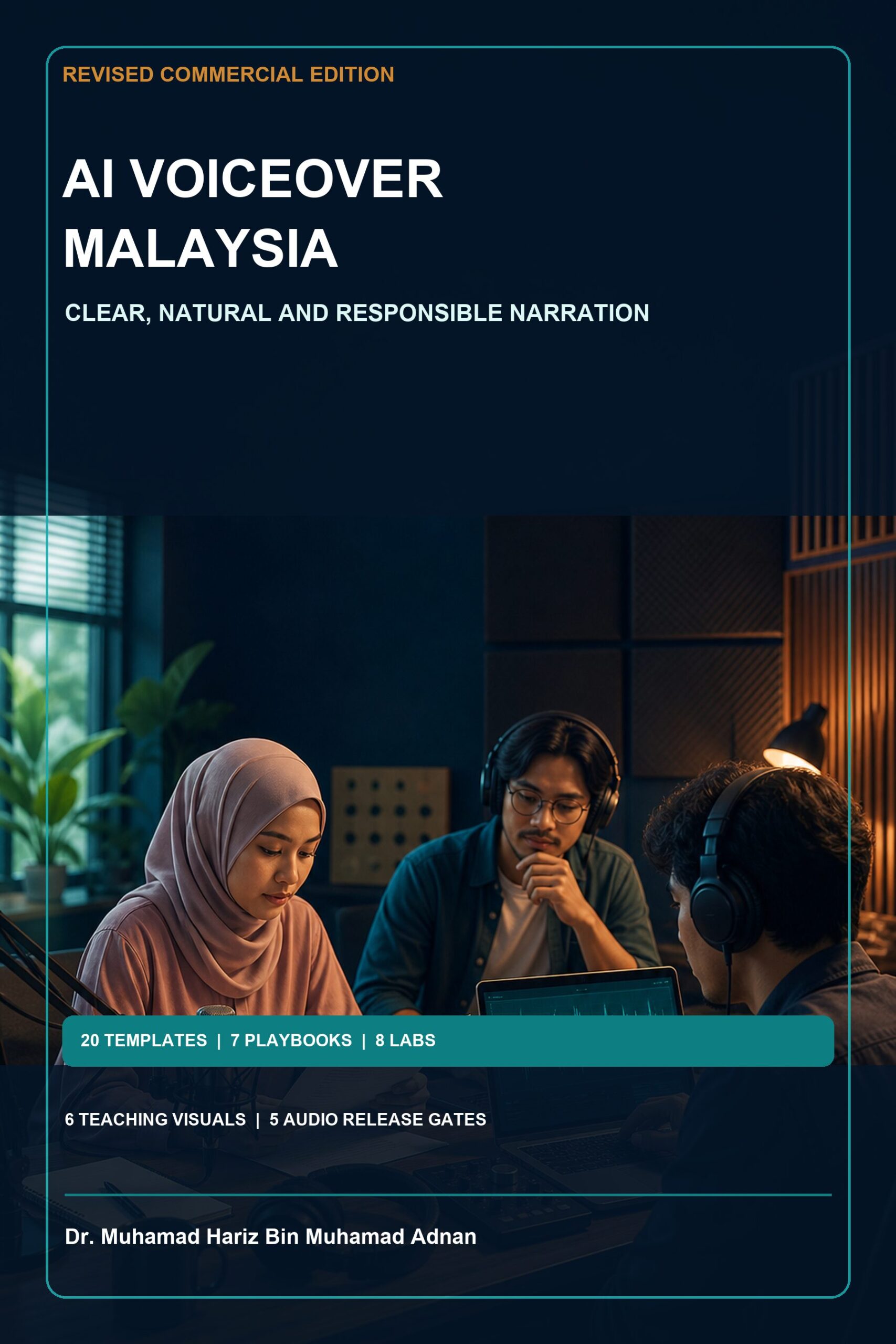AI Voiceover Malaysia commercial ebook cover showing a Malaysian audio production team reviewing narration in a studio