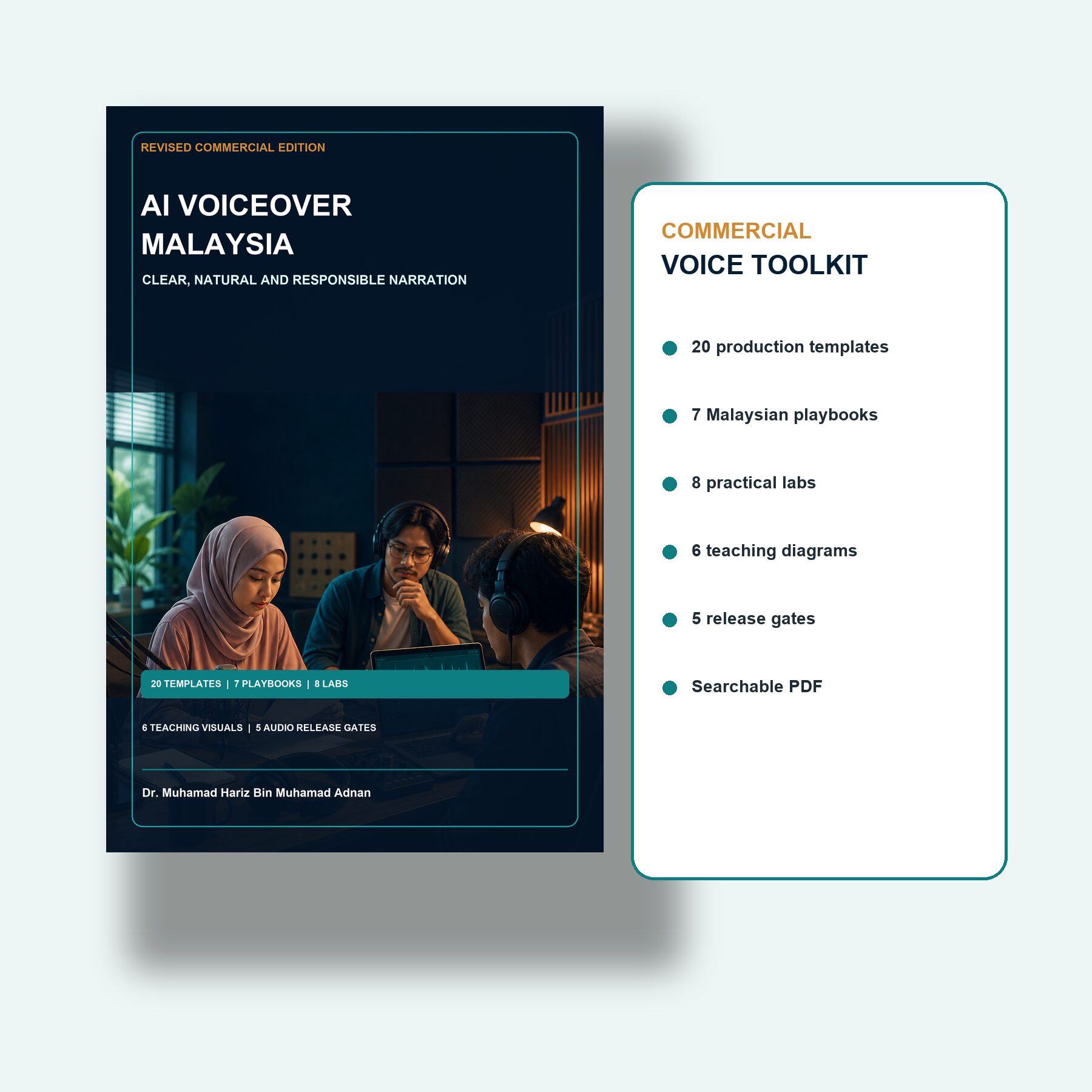 AI Voiceover Malaysia ebook mockup with 20 templates, seven playbooks, eight labs, six teaching visuals and five audio release gates