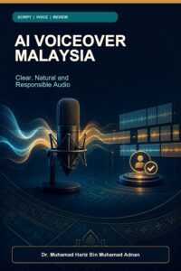AI Voiceover Malaysia ebook cover with a studio microphone, audio waves, segmented narration and a human review checkpoint